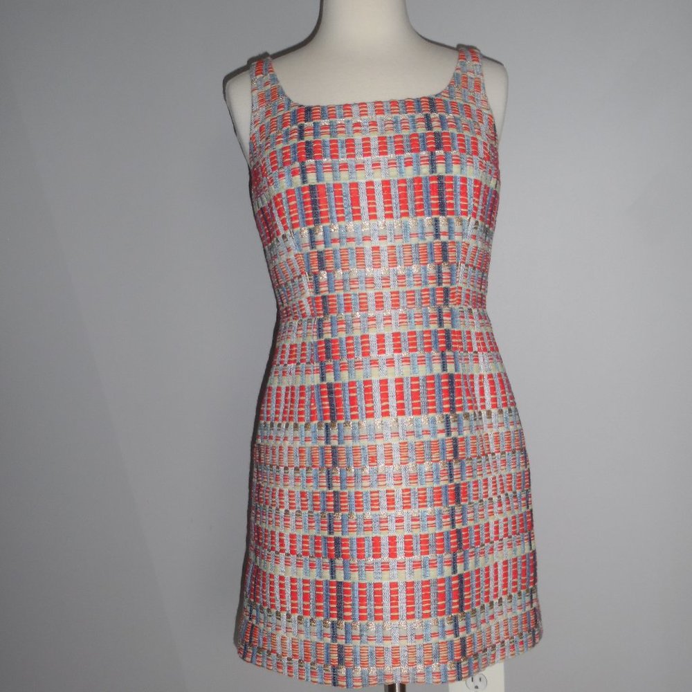 Tory Burch Tweed Red Blue Ribbon Sleeveless Metallic Career Work Shift Dress XS